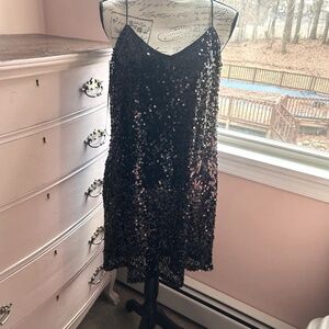 Express Black Sequin Party Cocktail Keyhole Spaghetti Strap Dress Size Large
